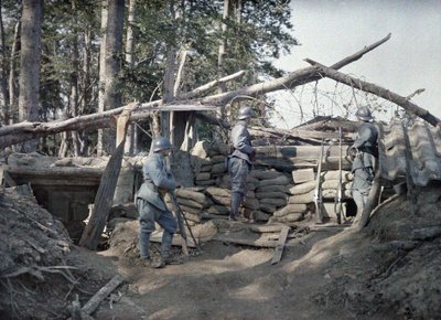 A French observation post with three soldiers in a trench reinforced with wooden beams and sand bags close to the German lines, Hirtzbach, Department Haut-Rhin, Alsace, France June 16, 1917 by Paul Castelnau